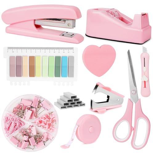 OFFCUP Büroartikel Set, Schreibtisch Set, Schreibtischzubehör 10 Kit mit Entklammerer, Heftklammern, Heftklammerentferner, Tesafilm Abroller, Schere, Bandmaß, Allzweckmesser, Clip, Haftnotizen (Rosa)