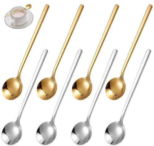 Latte Macchiato Löffel, Müslilöffel,kaffeelöffel,Lange Löffel,Espressolöffel Gold,Dessertlöffel,8-teilig,Edelstahl