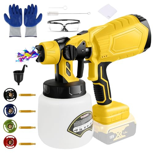 Batteridriven färgsprutsystem för Dewalt batteri 20 V, flödeskapacitet 1 000 ml/min, 1 000 ml behållare med 4 munstycken (1/1,8/2,5/3,0 mm), borstlös färgsprutpistol för väggar, möbler (utan batteri)