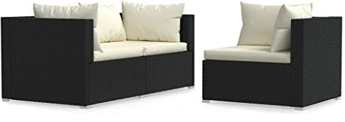 Kangmusi 3-TLG. Garten-Lounge-Set mit Auflagen Schwarz Poly Rattan, Schwarz 317494