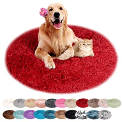 nvdsivee Hundebett Rund Katzenbett PlüSch Hundebetten Maschinenwaschbar Hundematte Hundekissen für Kleine Mittelgroße Grosse Hunde mit Rutschfestem Boden Rot 60cm