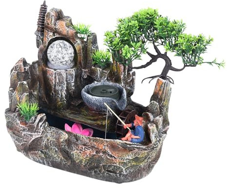 Fuente de interior con iluminación LED, atomizador, fuente, cascada, ornamentos, decoración de escritorio, para decoración de salón, dormitorio, oficina, meditación, 30 x 18 x 26 cm