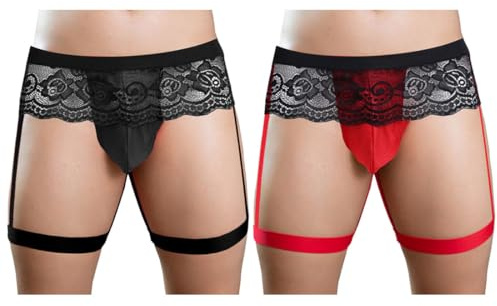 VemeFufu Tanga Jockstrap Suspensorio Encaje para Hombre Ropa Interior Talle bajo Calzoncillos Masculina 2 Pack Negro Rojo