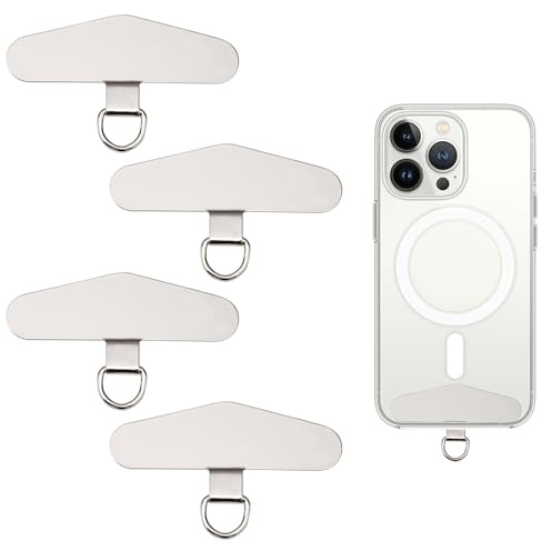 WrteEase 4PCS Phone Tether Tags,Stainless Steel Phone Lanyard Connectors,1.89x0.91in Matel Steel Mobile Phone Strap Pads with the Small Metal Ring,Safe and Reliable,Daily Use,Silver