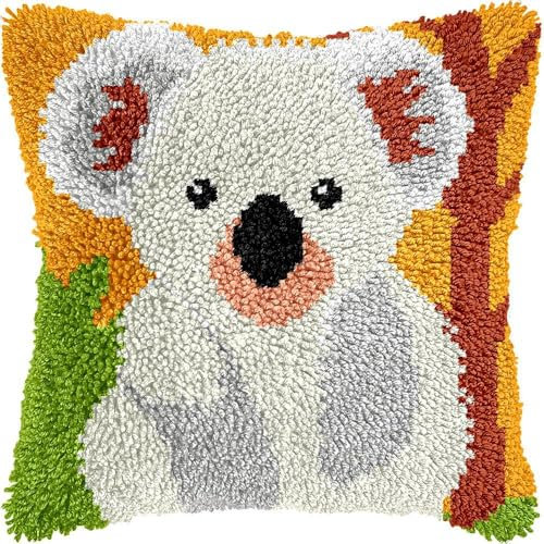 Taxpy Knüpfkissen Set, Latch Hook Kissen Kit für Kinder oder Anfänger Erwachsene zum Selber Knüpfen, DIY Knüpfteppich Knüpfpackung, Knüpfhaken Set 43x43cm（Tierischer Koala