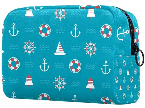 Nautical Anchor Lifebuoy Compass Blue Cosmetic Bag for Women, Travel Toiletries Bags Large Makeup Handy Pouch Organiser Bag with Zipper