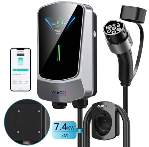 QIAO)) 7.4kW EV Charger Type 2 with 7M Charging Cable Smart App 4.3' LCD Screen Display, Max. 32A Electric Car Charger Station, Wallmount Home Wallbox Charger Cable Type 2 Plug wtih EV Cable Holder