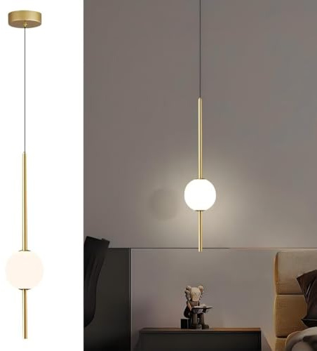 Modern Pendelleuchte Kugel, Nordisch Nachttisch Hängelampe Schlafzimmer Einfache Lange LED Sphärische Deckenlampe Gold Metall, für Esszimmer, Wohnzimmer, Kücheninsel, Loft 1 Lichter