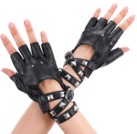 Yuanchu Guanti in pelle senza dita, punk, guanti gotici, guanti neri da motori, accessori da donna, cosplay, rock, festival, performance hip-hop ballo, decorazione per feste, Nero , 13 x 9cm / 5,12 x