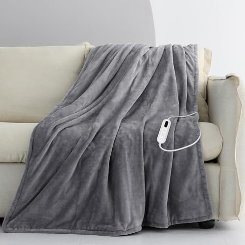 CORIWELL Heated Blanket Electric Throw - Fast Heat Up Flannel 160 x 120cm, 9 Temperature Settings & 9H Timer - Grey Heating Blanket for Sofa Bed Office