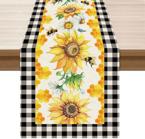 XCHI Schwarz-weißer Buffalo Plaid Sonnenblume Gänseblümchen Bienen Honig Sommer Tischläufer Dekoration für Zuhause, Küche, Urlaub, Party, Bauernhaus, 33 x 121 cm