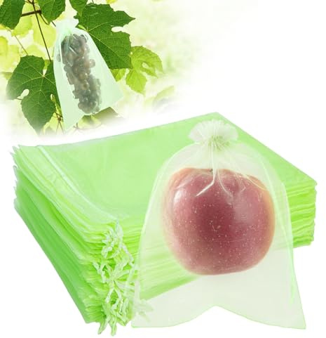 SmileLucky 100 pezzi sacchetti in organza 15×20 cm per protezione della frutta, rete traspirante con cordoncino per uva, limoni e piante da giardino