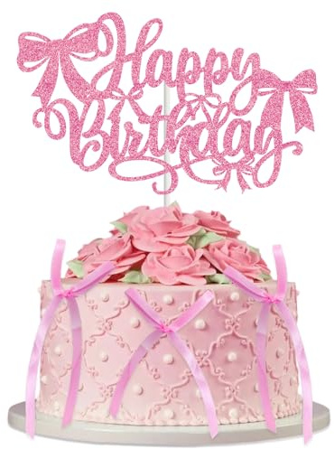 Bow Themed Happy Birthday Cake Topper Decor with 6 Pink Twist Tie Bows,18 x 16.8 cm Glittery Pink Bowknot Cupcake Sign Toppers Decorations for Coquette-Style Birthday Party Supplies