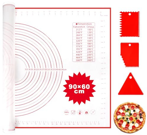 Backmatte Silikon Backofen Teigmatte Silikon Groß 90x60cm Mit 3 Stück Teigschaber Messung Für Die Herstellung Von Keksen Macarons Arbeitsplatte Platzdeckchen Backen Zubehör