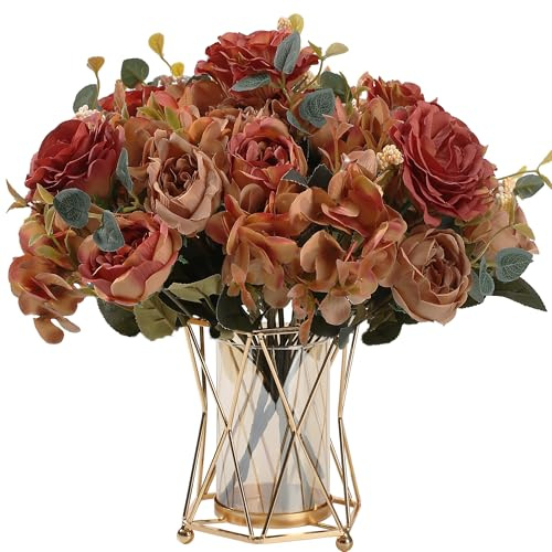 HNVNER Lot de 2 bouquets de pivoines artificielles en soie orange pour maison, cuisine, table, arrangement de fête, décoration de mariage