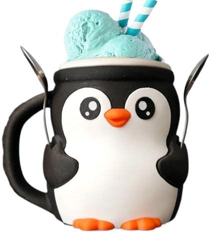 Cute Penguin Ice Cream Pint Holder, Penguin Ice Pint Holder with Spoon Antifreeze Handle, Ice Cream Sleeve, Reusable Insulated Sleeve for Yogurt and Desserts