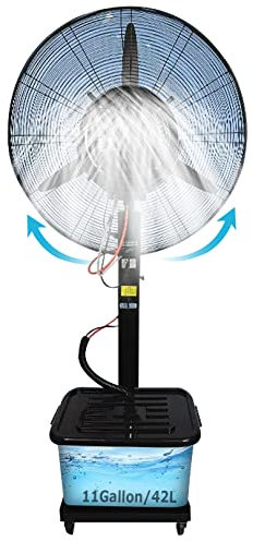 Ventilatore a spruzzo industriale per umidificazione e raffreddamento, ventilatore a piantana con nebulizzatore, ventilatore nebulizzatore oscillante a 90°, 3 velocità, serbatoio di grande capacità d