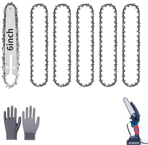 Lot de 5 chaînes de tronçonneuse de 6 pouces et barre de guidage, tige de rechange et chaînes pour tronçonneuse de 6 pouces avec gants de protection, tronçonneuse électrique portable sans fil pour