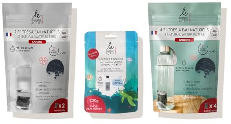 Le Charbon Actif Français - Pack Famille Filtres à eau naturels pour carafe, gourde & enfant - Charbon actif végétal en granules - 0 plastique - Agit en 20 min l’eau du robinet - Écologique économique