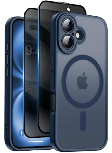 HeIssitot for iPhone 16 Case, Privacy Screen Protectors X2, Blue | Compatible with MagSafe, Camera Protection, 15FT Military Drop Protection, Translucent Matte Shockproof Phone Cover