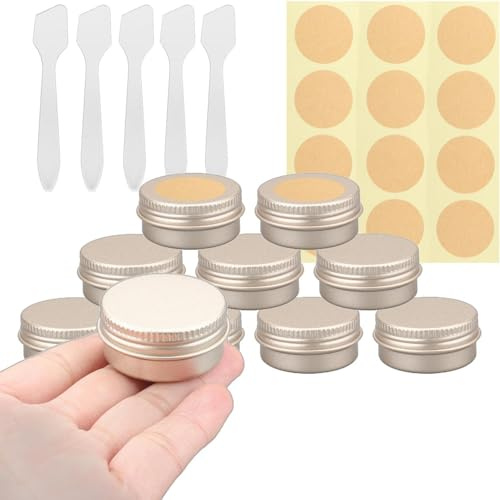 BPackGo Lot de 10 Pots en Aluminium Or Mat 10ml - D35mm x H17mm avec Couvercle à Vis, Vides pour Cosmétiques, Crème, Baume, Bougie, Petit Contenant Métallique Voyage Ronde