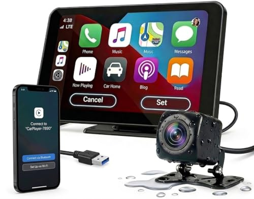 Inceriumary Portable Apple Carplay Screen: 7 HD Touchscreen Wireless Android Auto Display with Backup Camera, Mirror Link, Bluetooth, Voice Control & GPS Navigation, Plug & Play for All Vehicles