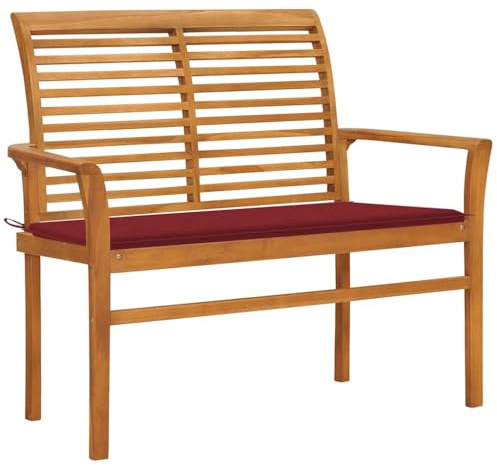 Qnhdfrt Gartenbank Outdoor Massivholz Teak 112 cm mit Weinroter Auflage für Balkon Garten Terrasse