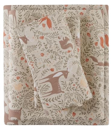 Comfort Spaces Cotton Flannel Sheets Queen Size, Ultra Soft Flannel Sheet Set with 14 Elastic Pocket, Novelty Print Warm Flannel Bedding, Taupe Woodland Forest 4 Piece