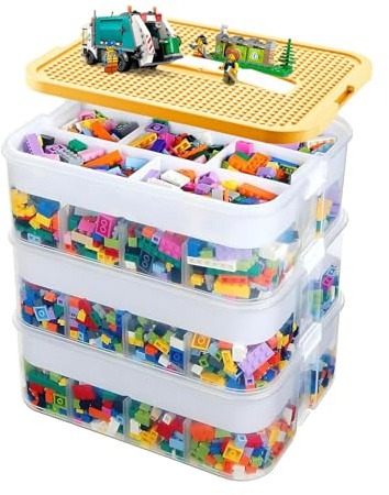 BREEZENEST 3-Tier Organiser with Lids Stackable Storage Box with Adjustable Compartments White Minimalist Design for Building Bricks, 33x33x34cm (Yellow)