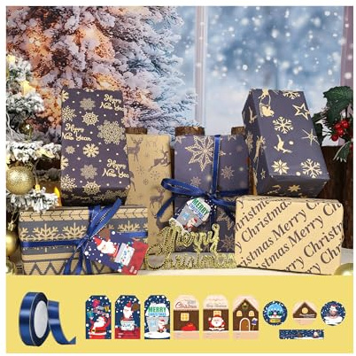 Geschenkpapier Weihnachten, Recyceltes Kraft Geschenkpapier große Blätter mit Band, Weihnachtskarte Anhängern, Weihnachtsgeschenkpapier geschenkpapier Grün weihnachten (Blau-B)