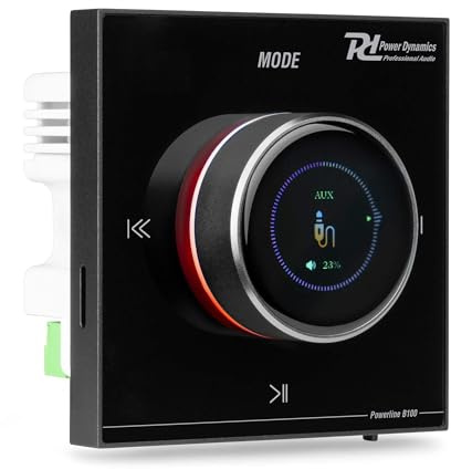 Powerline B100B in wall speaker amplifier, LCD touch display, Bluetooth 5.0, 4x25W Class-D audio system, USB, microSD, AUX, remote, black, HiFi wall mount, includes back box