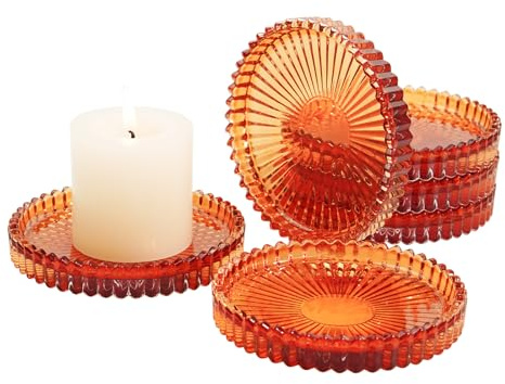 Jollyhilan Candleholder Glass Candle Holder Plates Set of 6, Round Glass Candle Tray Plates for Dining Wedding Lantern Festival Party Evening Light, Amber