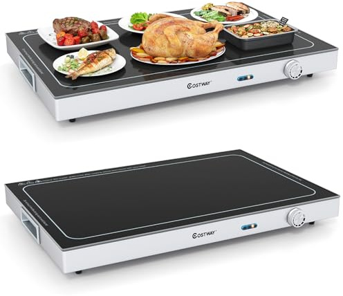 COSTWAY Chauffe Plat Electrique, Plaque Chauffante avec Plateau en Verre Trempé, Température Réglable, Poignées Isolantes, Réchauffe Plat, pour Buffets, Fêtes, Réunions de Famille(56 x 37 cm)
