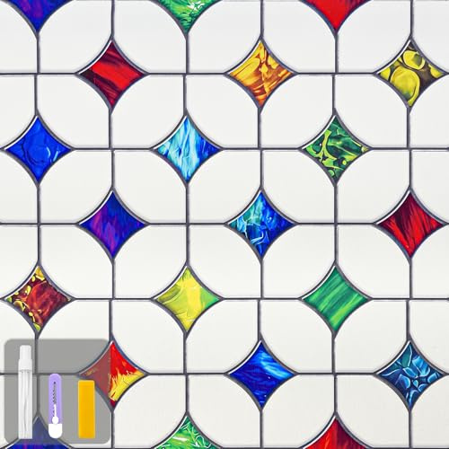 QHYsunshine Stained Glass Window Film - Non-Adhesive Colorful Privacy Film | Privacy Protection, Reusable & Renter Friendly | Perfect for Bedroom/Bathroom Room Decor (Frosted Mosaic, 17.5 X 78.7 in)