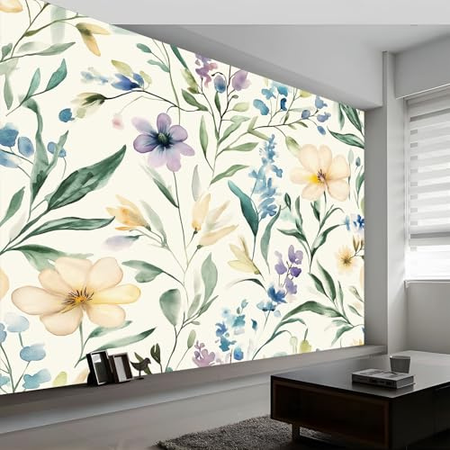 Carta da parati panoramica 3D acquerello fiori di campo piante foglie, carta da parati murale multicolore per soggiorno camera da letto cameretta - Decorazione murale fotografica 250L x 175A cm
