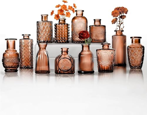 12 stycken, små glasvaser, vintagestil med strukturellt mönster, för blommor och heminredning (bärnsten, 12 stycken)
