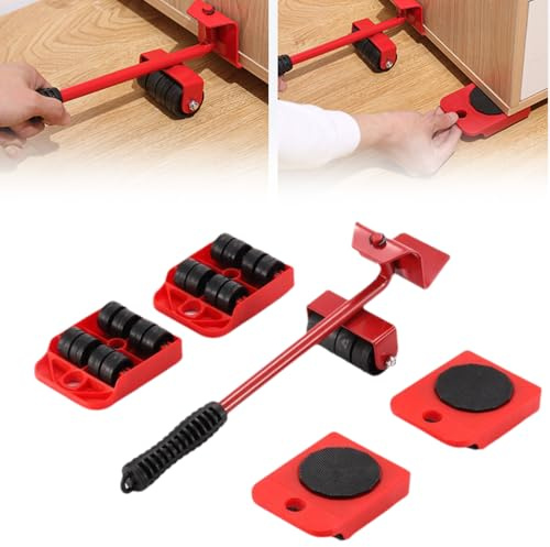 Möbelheber Transportroller Set, Möbeltransportrollen 5 Teilig, Möbelgleiter für Schwere Möbel, 4 Möbelroller & 1 Lastenheber, 360 Grad Drehbar Rads,Umzugshelfer Möbeltransportrollen (Rot)