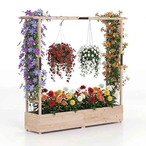 HOMASIS Jardinière Surélevée avec 2 Treillis et Toit Plat, Jardiniere Exterieur Grande Taille en Bois avec Trou Drainage pour Plante Grimpante, Lit de Jardin sur Pieds pour Légumes Fleurs (Naturel)