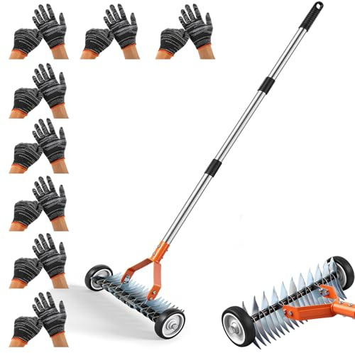 Râteau à gazon, outil de scarificateur manuel avec roues, réglable jusqu'à 1,66 m, efficace pour enlever le chaume et les herbes mortes pour l'entretien de la pelouse et le nettoyage du sol