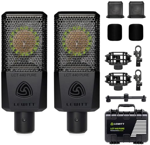 Lewitt LCT 440 Pure Stereo Pair XLR Studio Condenser Microphone for Stereo Recording, Drums, Guitar, Piano, Choirs, Large Diaphragm Capsule, Includes Carry Case, Accessories and Stereo Bar