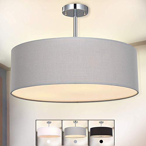 SPARKSOR Taklampa, modern hängande lampskärm, stor grå trumlampskärm, rund pendellampa, för sovrum vardagsrum, spola krommatta, 3 glödlampor, E27