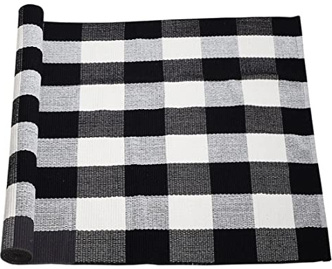 sourcing map Teppich Wohnzimmer Schlafzimmer Kinderzimmer Plaid aus Baumwolle für In- & Outdoor, gewebte, waschbare Buffalo-Teppich mit Karierten Matten Schwarz-Weiß 90x150cm