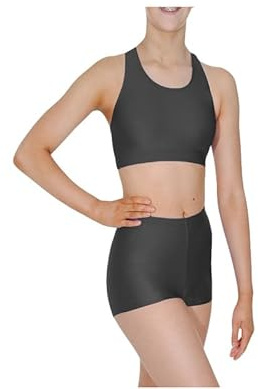 BODYWEAR LTD Girls Crop Top and Hot Pants Set - Shiny Nylon Kids Gymnastics Dance Wear (Black, 13-14 years)