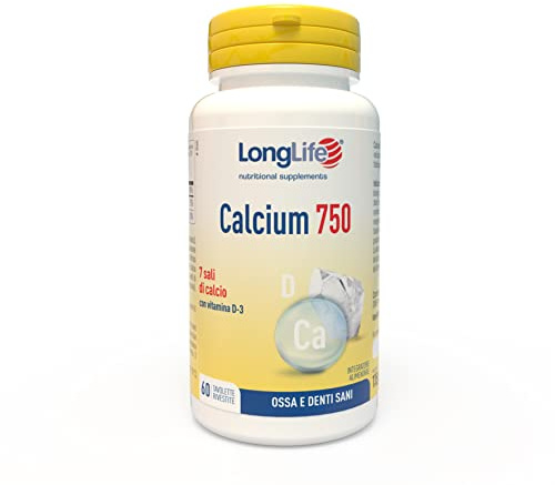 LongLife® Calcium 750mg | Integratore con 7 sali di calcio e vitamina D 3 naturale | Benessere ossa e denti | 2 mesi di trattamento | Vegetariano e senza glutine