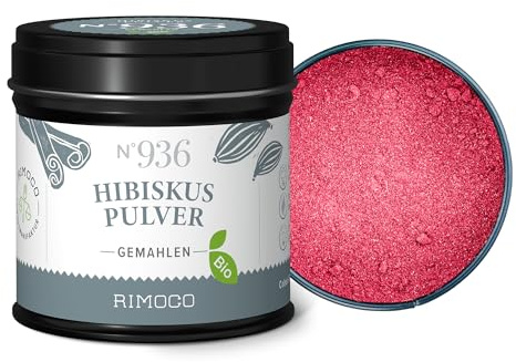 Rimoco N°936 Bio Hibiskusblüten gemahlen - Hibiskus Blütenblätter fein gemahlen aus Deutschland | fruchtig, süßlich, säuerlich | Bio Anbau (DE-ÖKO-007) | 70g in eleganter Gewürzdose mit Aromadeckel