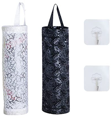 HLIWS Plastiktüten Einkaufstüten Halter,Hängende Mesh Falten Müllsäcke Organizer,2 Stück,Weiß,Schwarz,11 * 37.5cm,für die Wohnküche(Kommt mit 2 Haken)
