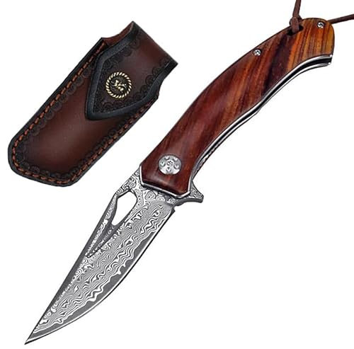 Petit couteau de poche pliant avec manche en bois - Couteau d'extérieur Sharp One handed Knife Damas Metal - Couteau de randonnée avec fourreau