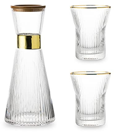 Brocca in Vetro Trasparente a Forma di Striscia da 1 Litro da 32 Once con Coperchio, Caraffa in Vetro Cristallo con Bordi Dorati, per Acqua Calda o Fredda, Bollitori per Tè Freddo in Vetro per(Gery)