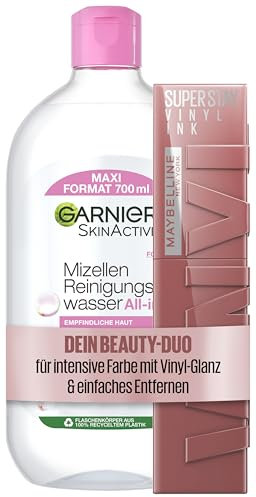Maybelline New York flüssiger Lippenstift, Liquid Lipstick, 16 Stunden Halt, Super Stay Vinyl Ink, Nr. 35 Cheeky, 4,2 ml + Garnier Mizellen Reinigungswasser, schonendes Abschminken, 700 ml