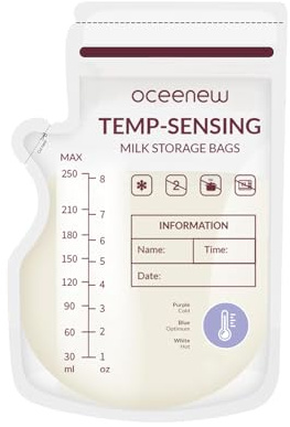 Oceenew 120 Stück Muttermilchbeutel Temperaturfühlende Verfärbung, 250ml Milchbeutel für Muttermilch Aufbewahrung mit Ausgießer für das Stillen, Selbststehender, Einfrieren
